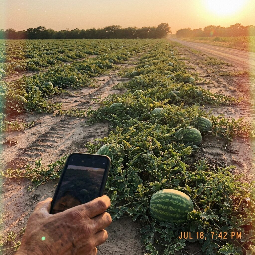 Texas melon farm field at golden hour