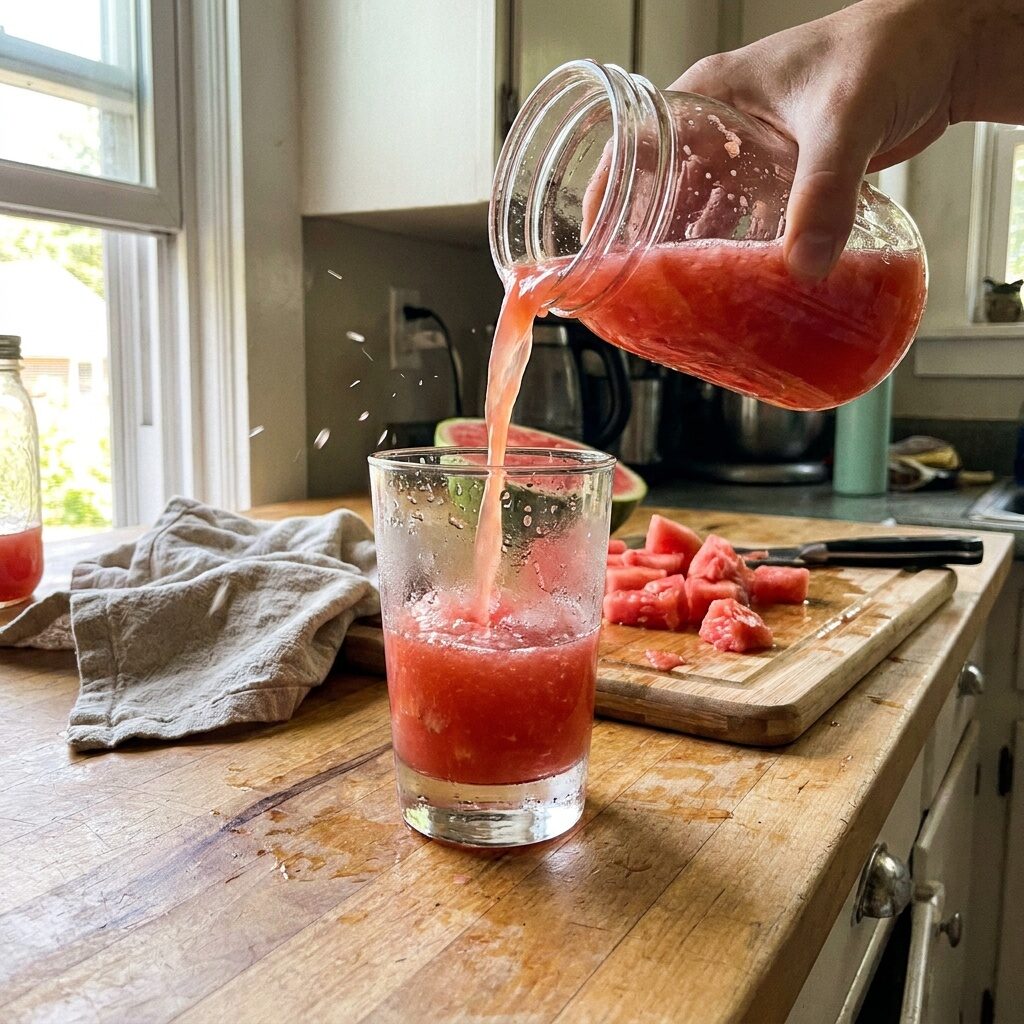 Fresh watermelon juice being poured into a glass