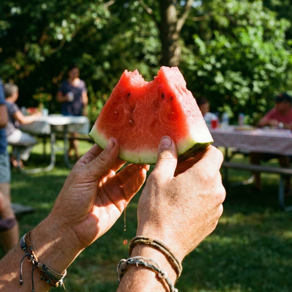 Hands holding a fresh slice of watermelon