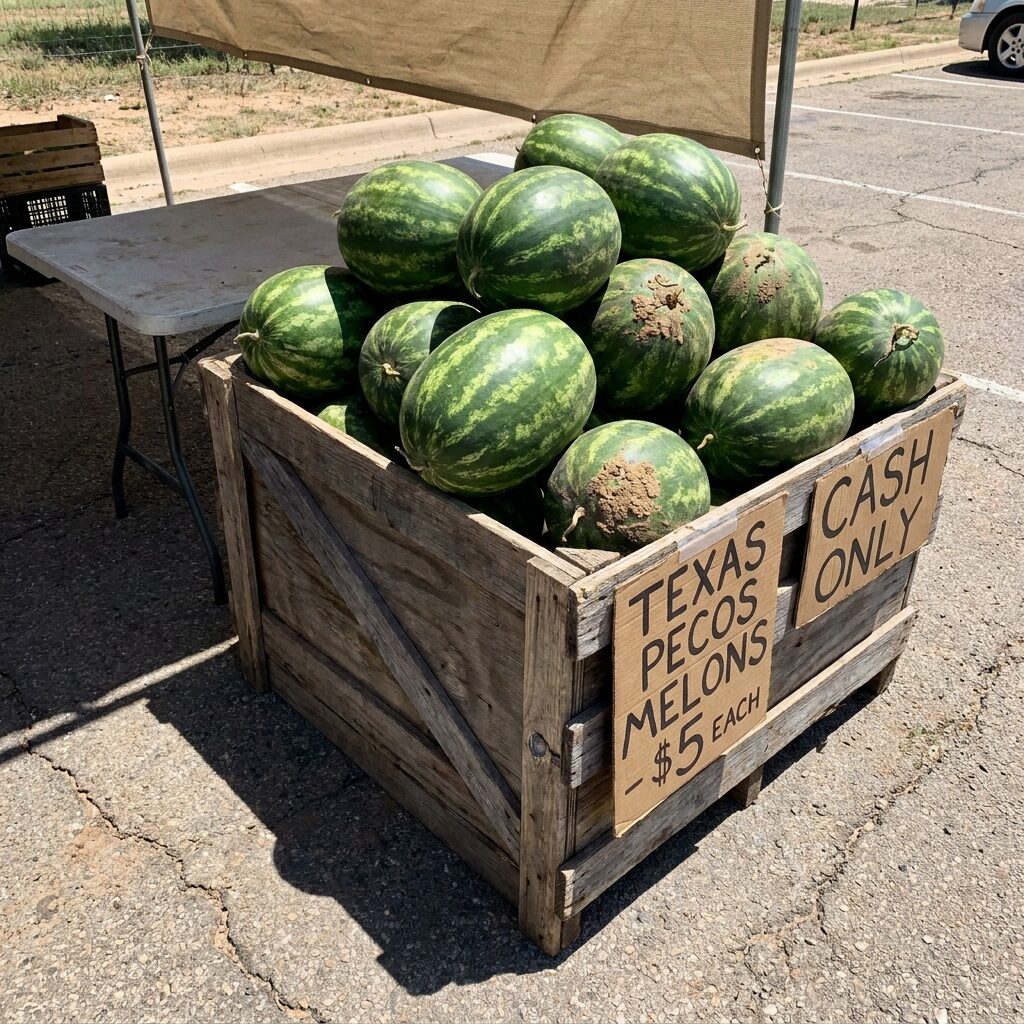 Whole ripe watermelons in a wooden crate